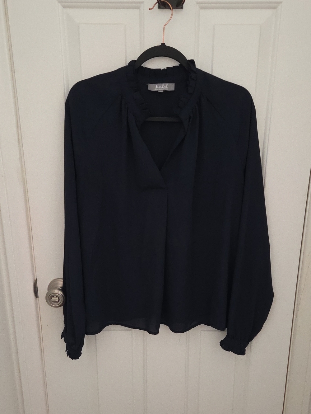Marled Navy Ruffle-Trim V-Neck Blouse - Picture 2 of 5